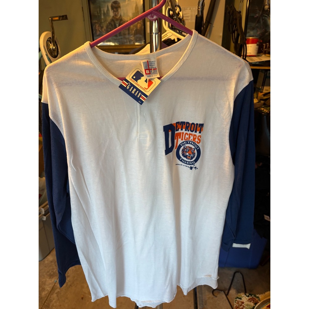 Vintage Detroit Tigers MLB Shirt Garan Henley 3/4 Sleeve White Navy Large NWT